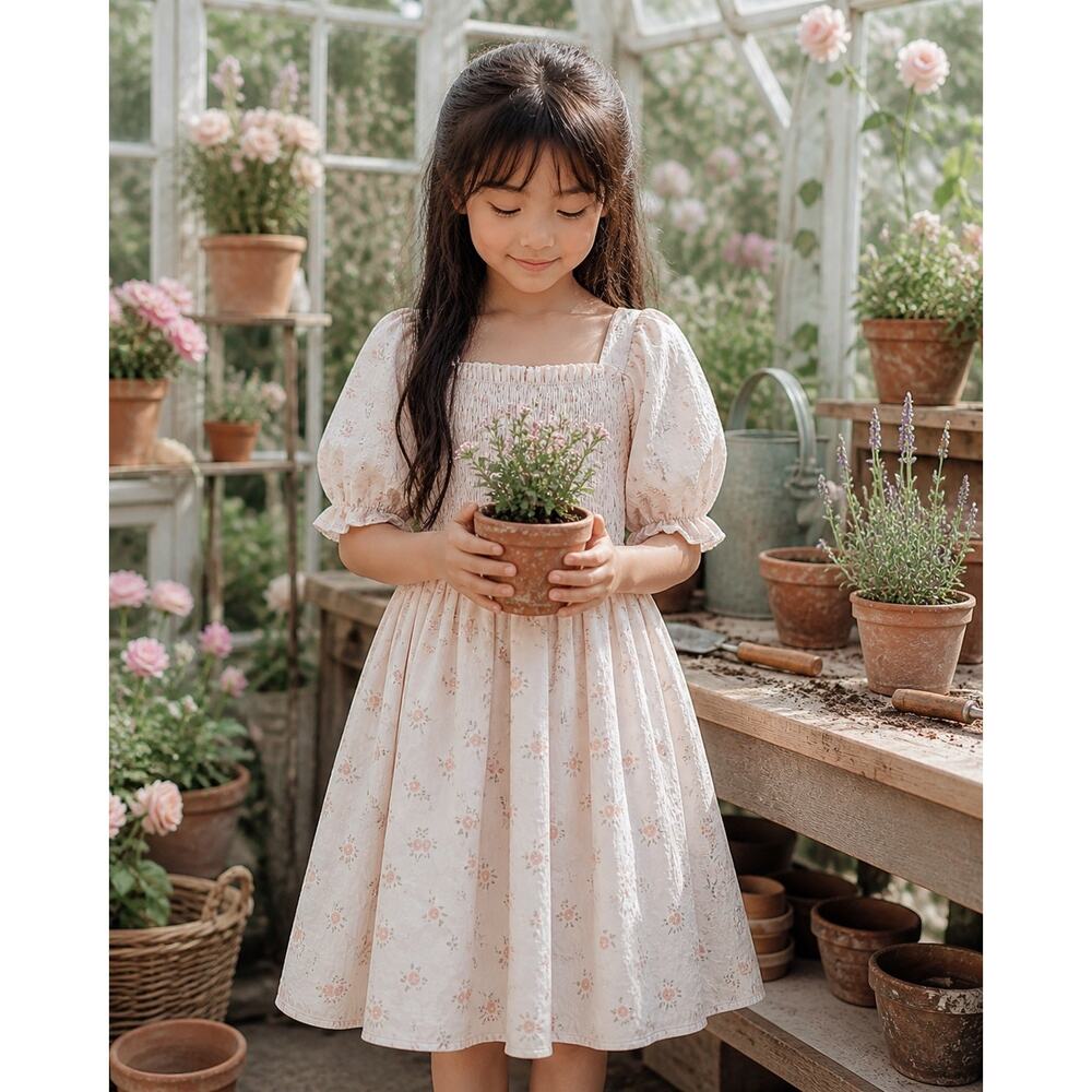 Wandering The Meadows Blooming Floral Flowy Puff Slv Dress 7/8